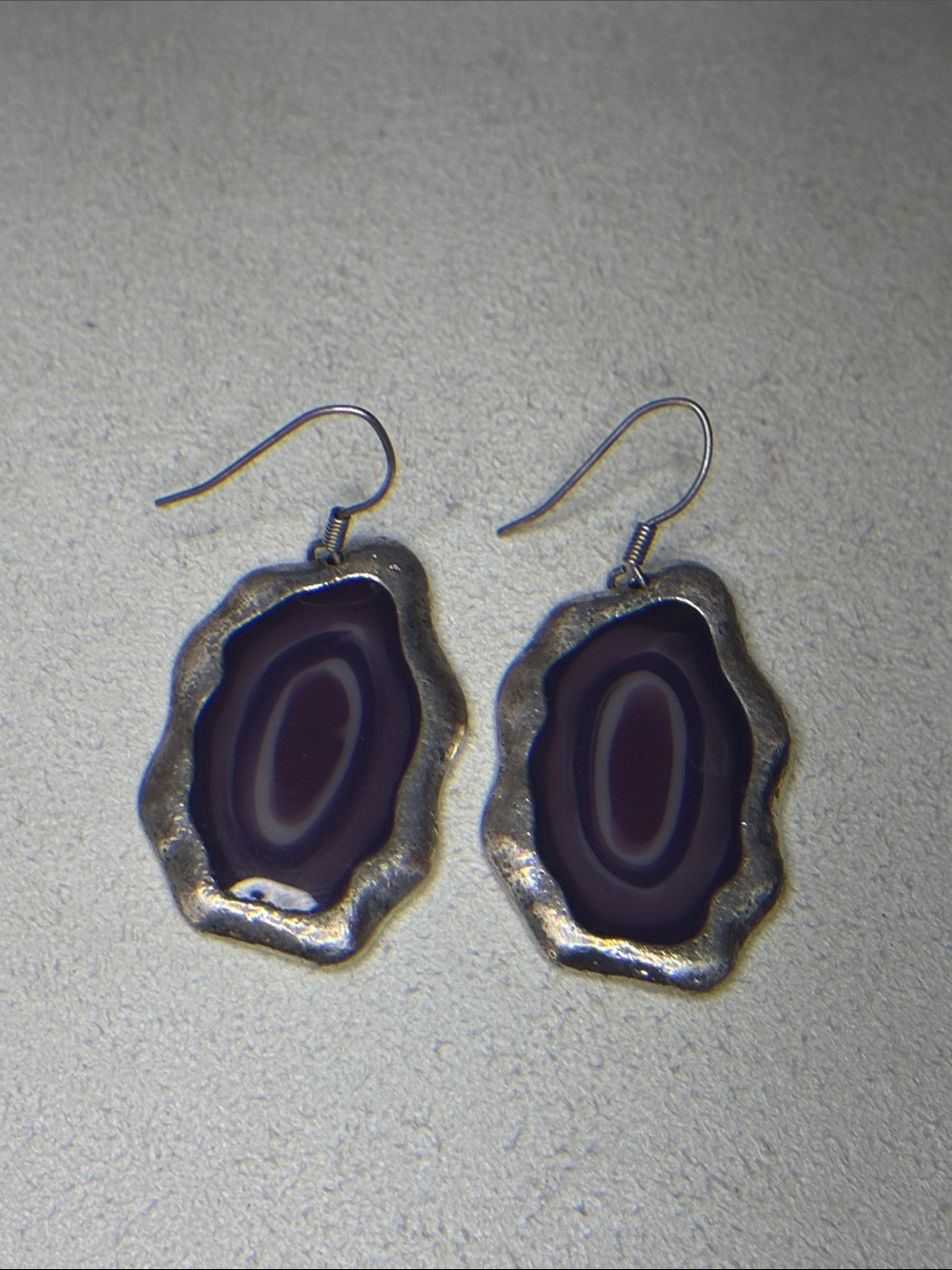 purple geode like style nugget dangling silver earrings